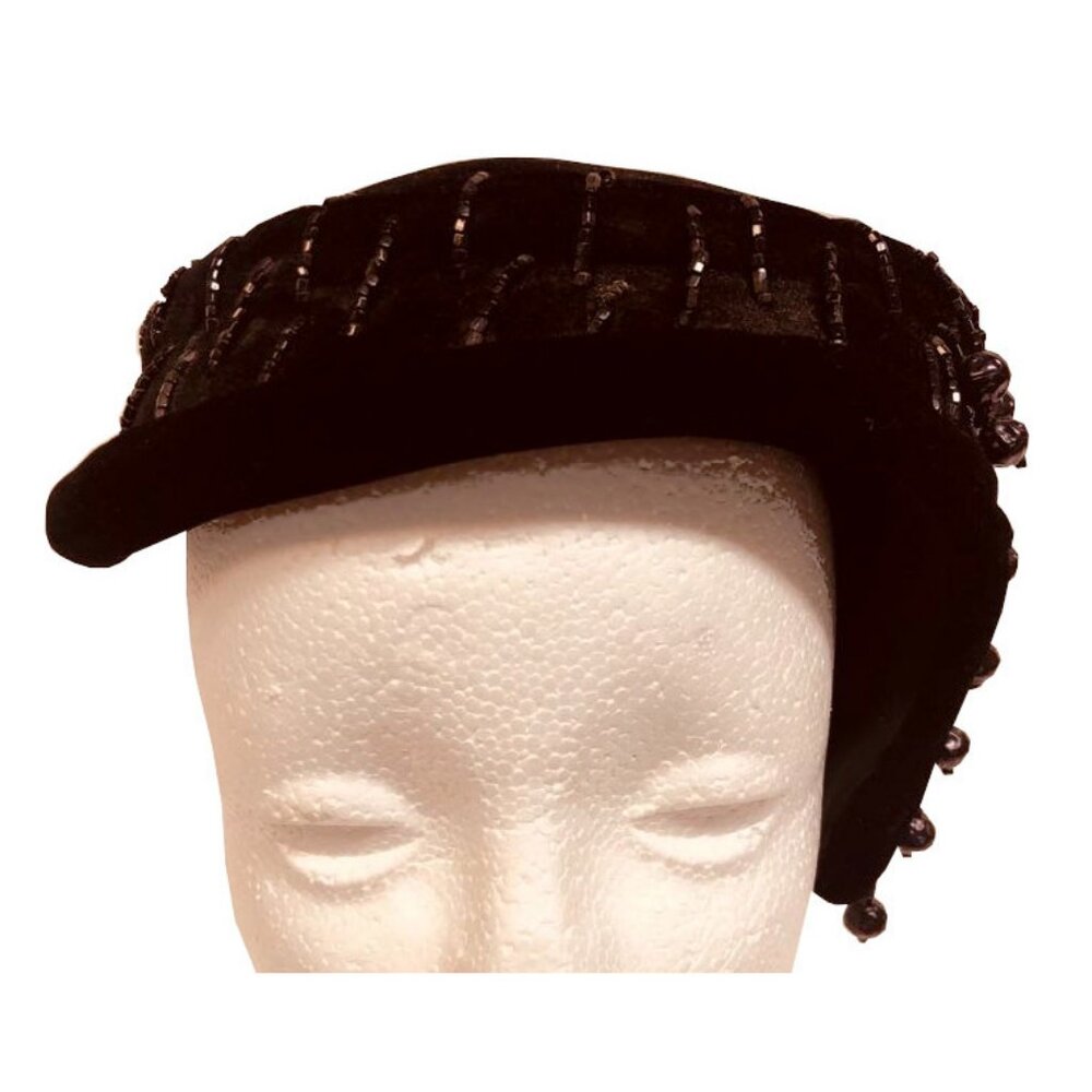 Small Black Velvet Beaded Hat Beaded Dangle in the Back